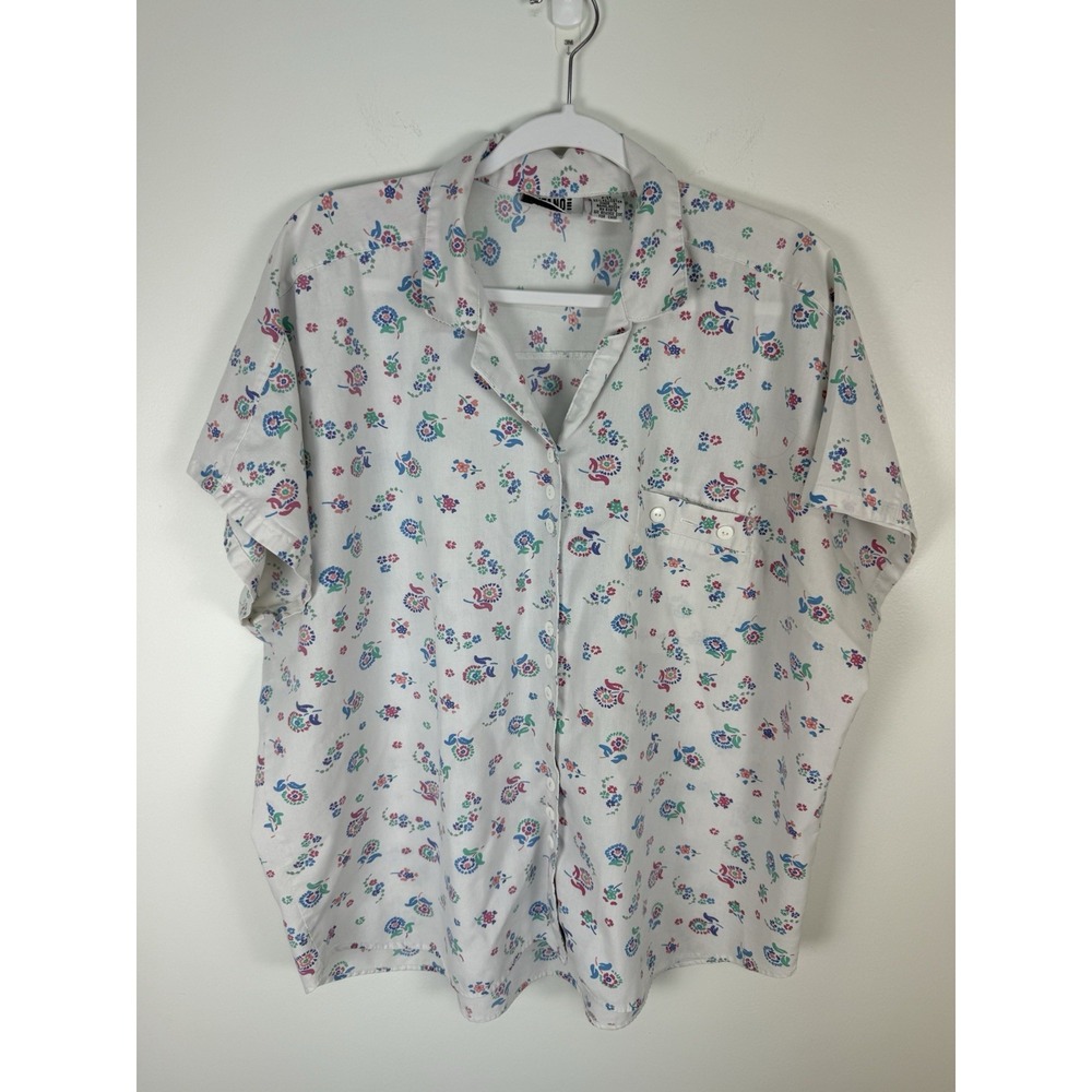 VTG GITANO 90s Ditsy Floral Pajama Style White Pastel Button Up Camp Top 42/22W